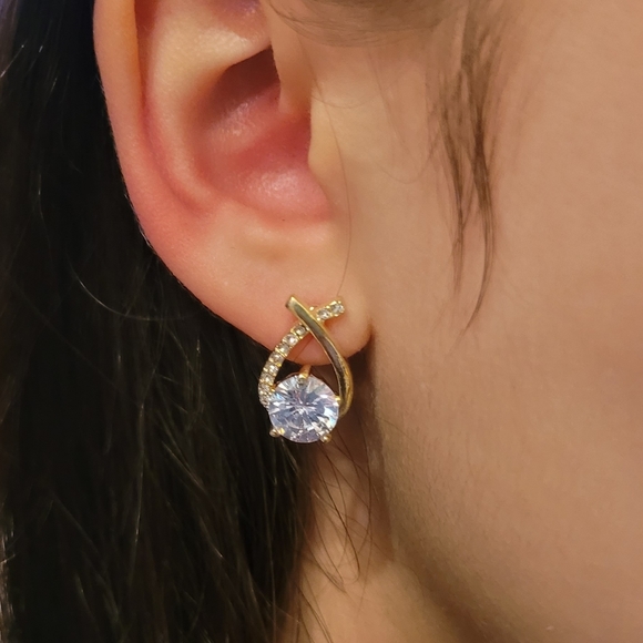 Set of gold color stainless steel Korean style earrings w/ large cubic zirconia - Picture 2 of 7